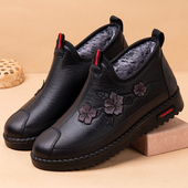 老人鞋 女冬加绒老北京妈妈棉鞋 中老年防滑平底皮面保暖奶奶棉靴女