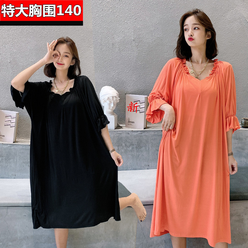 加肥短袖连衣裙过膝睡裙v领宽松