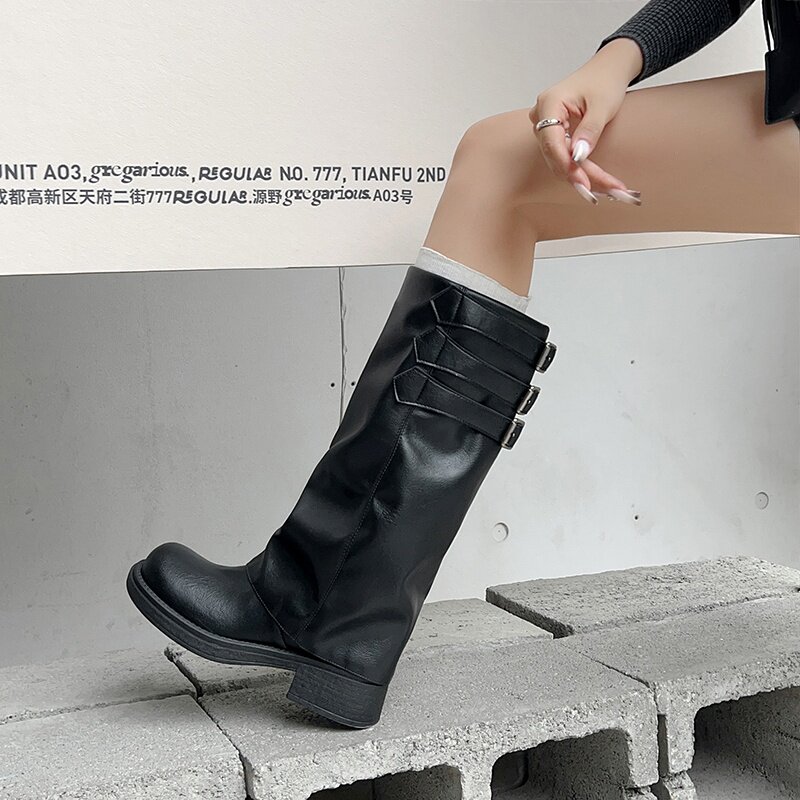 晨萱真皮粗跟裤管靴女2025秋冬新款宽松高筒长筒靴百搭褶皱骑士靴