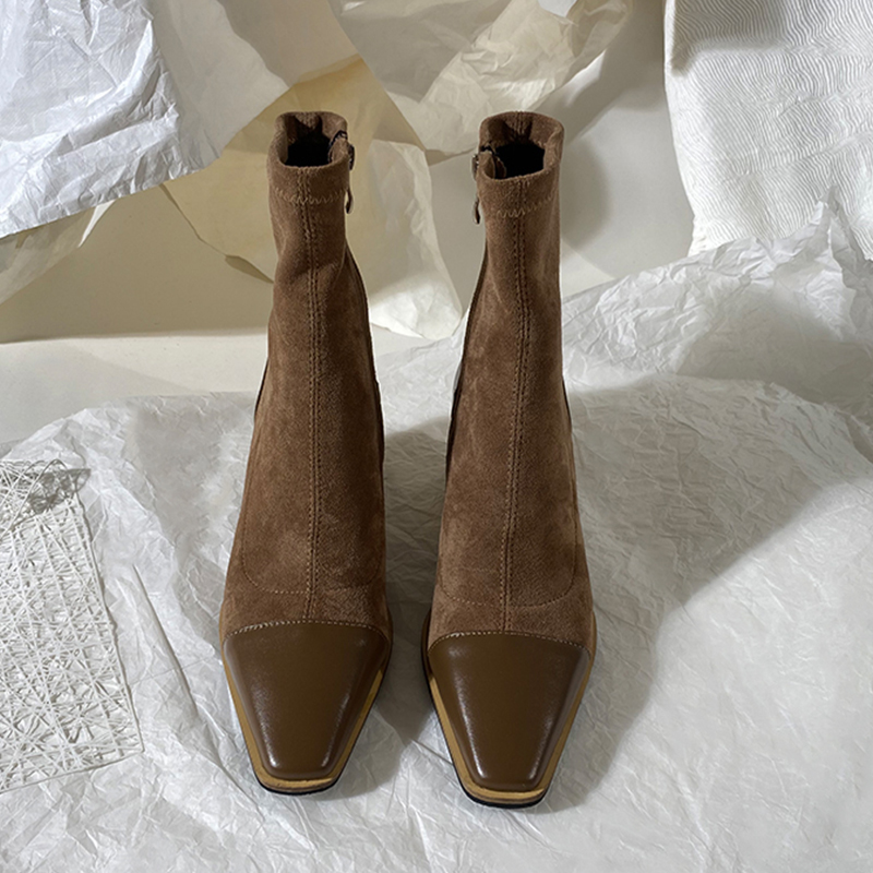 简约显瘦瘦瘦靴方头粗跟莲花府邸