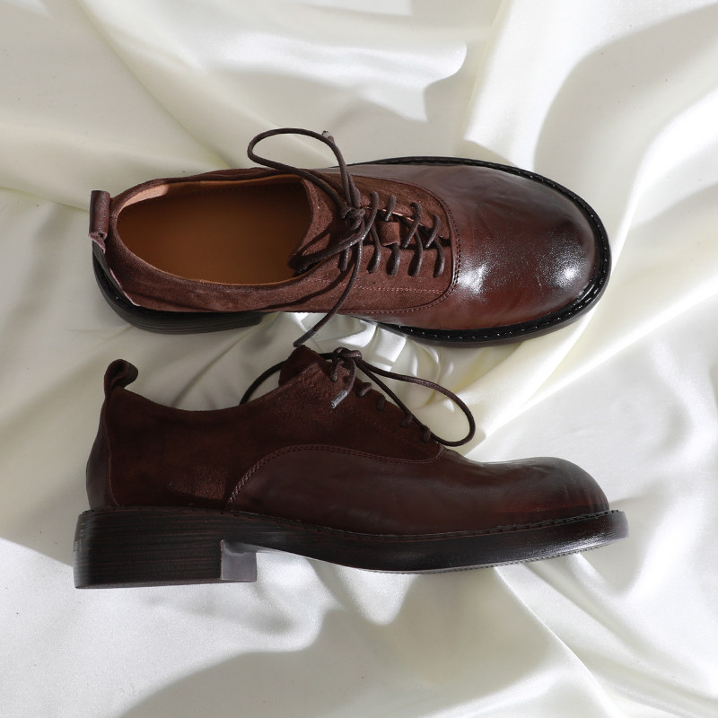 莲花府邸2025春季水洗头层牛皮系带单鞋粗跟英伦学院风百搭小皮鞋,女鞋,深口单鞋,淘宝优惠券,粉丝福利购,淘宝优惠卷