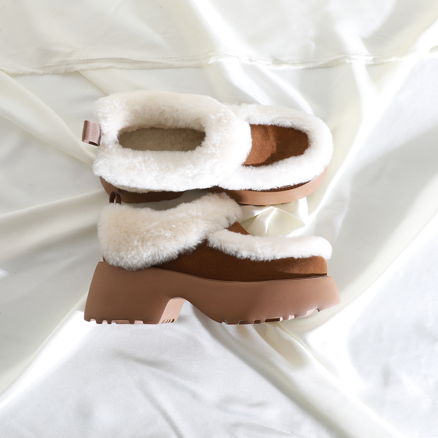 休闲圆头深口拼色长绒套脚毛毛鞋