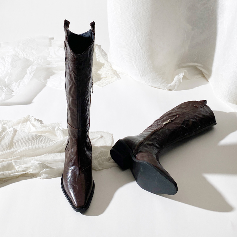 莲花府邸欧美骑士靴粗跟褶皱