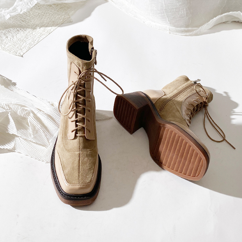 莲花府邸马丁靴系带粗跟