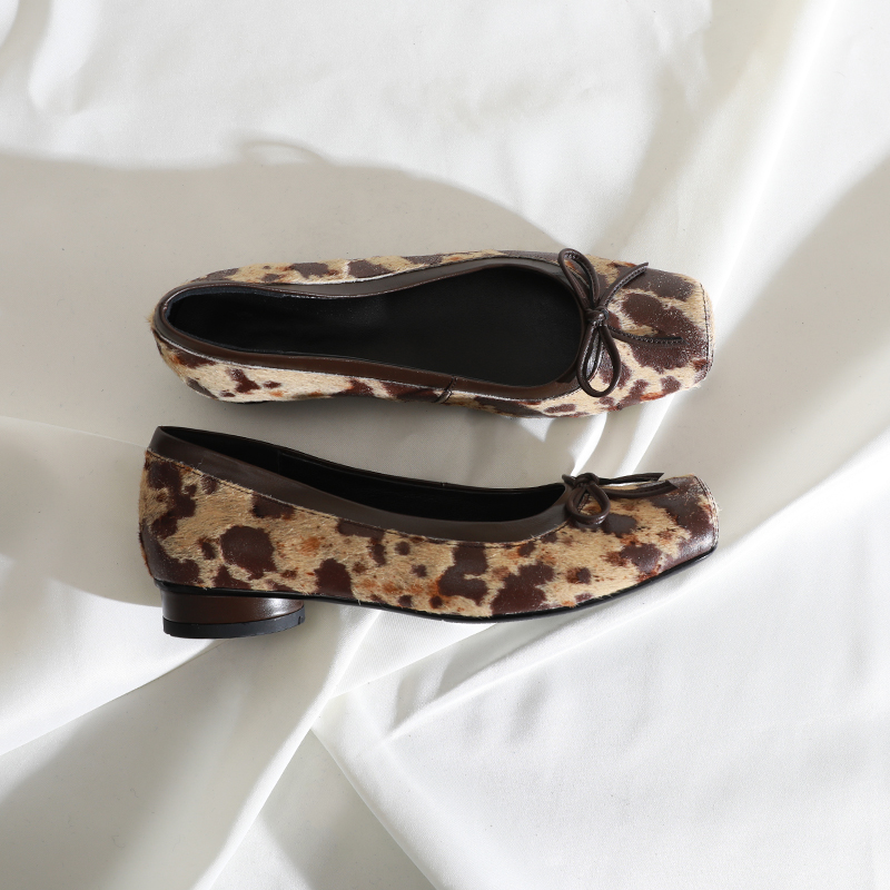 莲花府邸2025春季时尚单鞋复古马毛粗跟鞋方头蝴蝶结百搭浅口鞋女