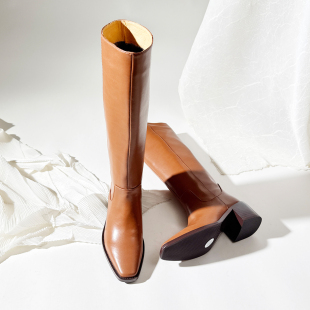 莲花府邸2025秋冬简约高筒靴欧美骑士靴百搭粗跟长筒靴牛皮女靴子