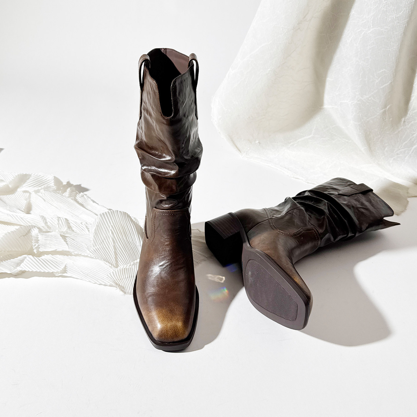 莲花府邸2025秋冬中筒靴欧美方头西部牛仔靴休闲百搭粗跟牛皮女靴,女鞋,西部靴,淘宝优惠券,粉丝福利购,淘宝优惠卷