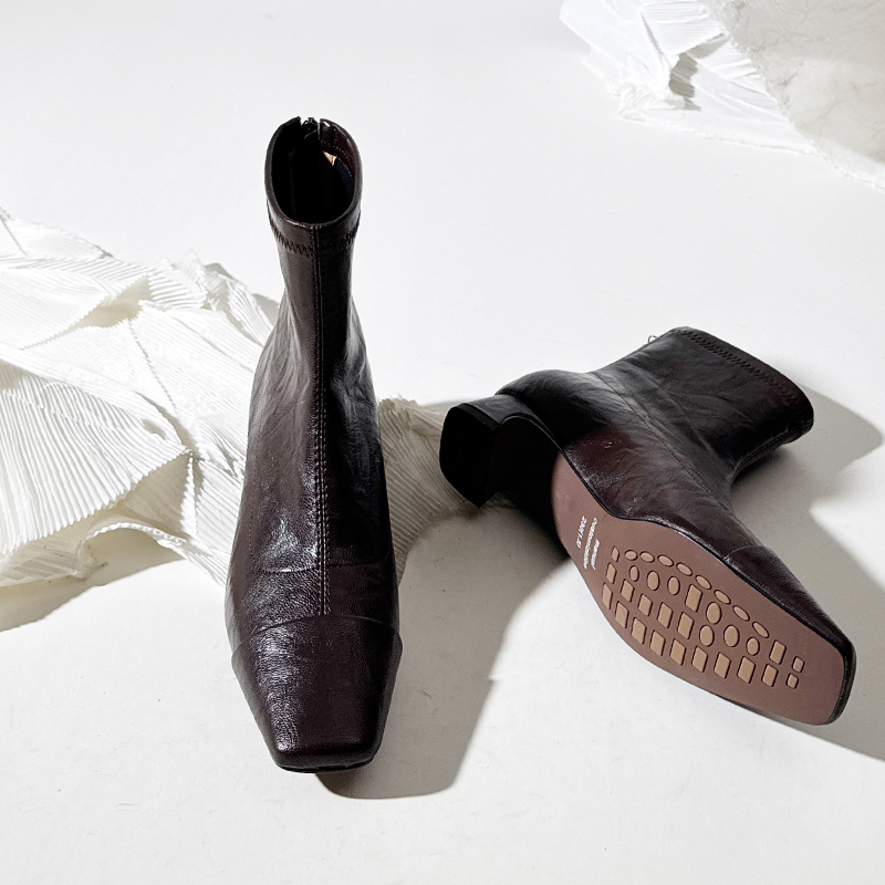 莲花府邸复古风方头粗跟弹力靴