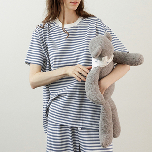 蓝白条纹睡衣套装女夏季短袖上衣宽松休闲裤子95%棉5%氨纶高级棉