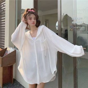 寬松百搭慵懶風長袖 防曬襯衫 女2023春夏新款 韓版 外套 連帽空調衫