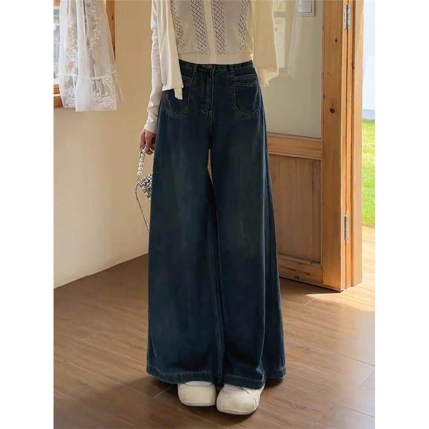 覆古蓝阔腿牛仔裤女秋季新款大码胖mm高腰显瘦宽松梨形身材拖地裤