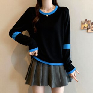 胖mm显瘦欧货爆款 拼接撞色长袖 大码 女春秋2026新款 上衣 T恤打底衫