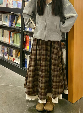 美拉德复古格子半身裙女秋冬长款显瘦高腰a字蕾丝裙小个子大摆裙