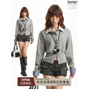 美式灰色polo领假两件长袖针织开衫女秋冬季格子修身短款毛衣上衣