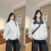 钮扣拼接格纹立领翻领卫衣女秋冬美式 上衣 复古设计感独特宽松长袖