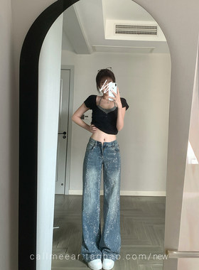 CallmeEar//【银河碎钻】6w颗矿灰钻石重工牛仔裤女宽松直筒长裤