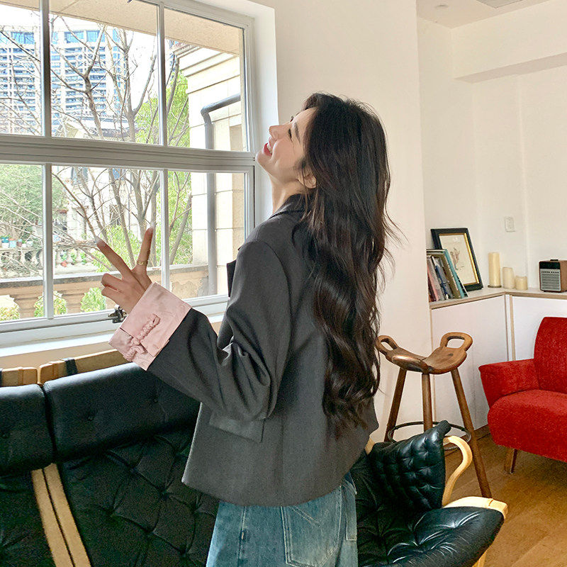 灰色新中式国风西装外套女春秋季2025新款小个子休闲拼接西服上衣