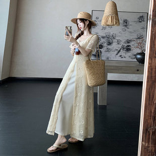 2025夏日穿搭一整套女气质独特短袖 装 罩衫 洋装 温柔风两件式 大尺码