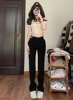 黑色高腰直筒牛仔裤女2025年春夏新款修身小个子烟管堆堆窄版裤子