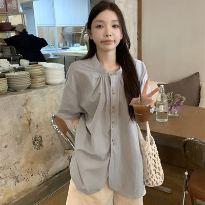 2025夏季衬衣日系别致温柔设计感圆领短袖衬衫女夏百搭宽松上衣女