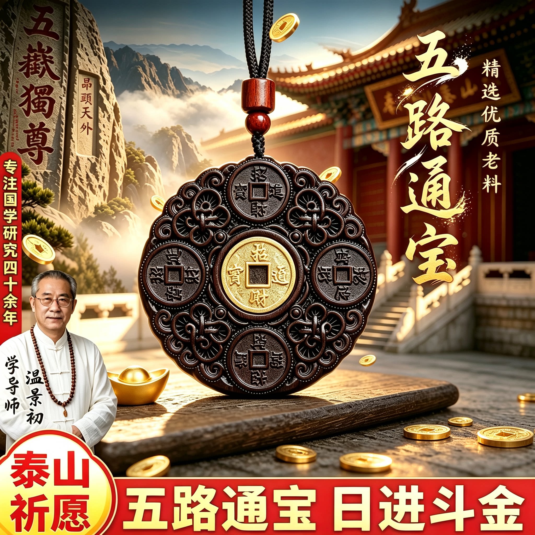 泰山祈愿霸气五路通宝吊坠