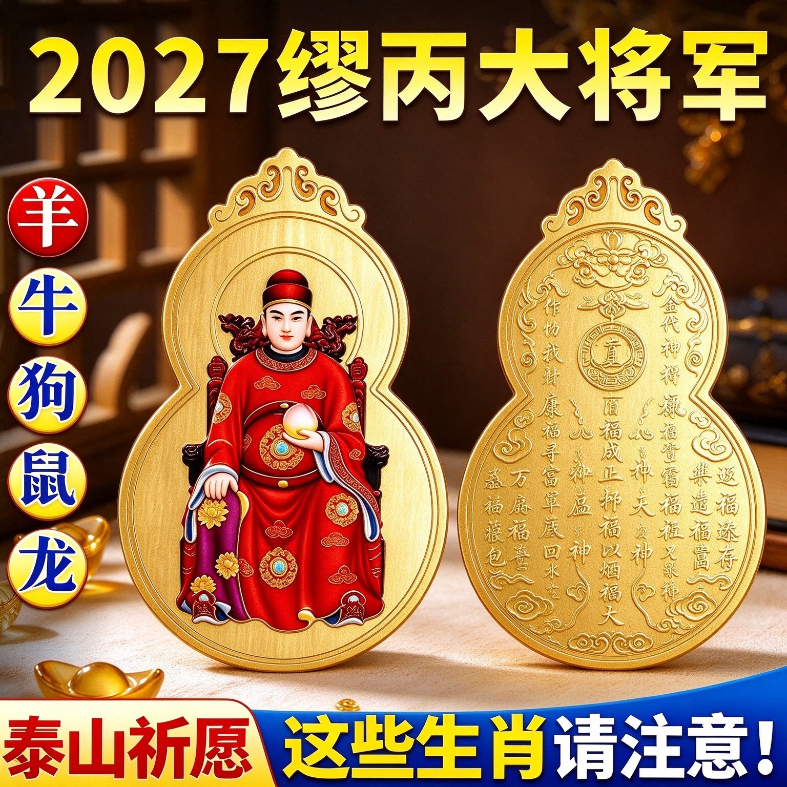 2027丁未年太岁缪丙大将军金卡羊年金属贴平安羊牛狗鼠龙本命属相