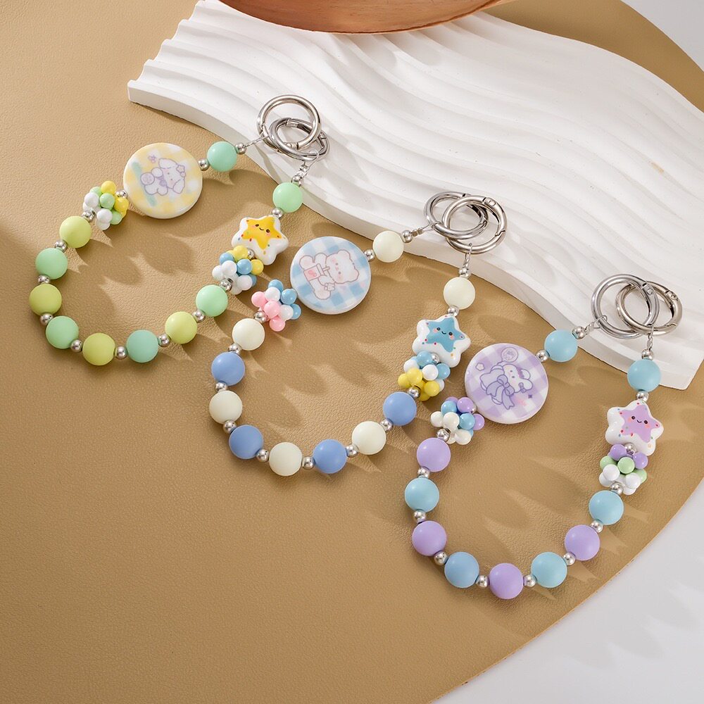 可爱卡通撞色手工串珠五角星多巴胺糖果珠手机挂件包包配饰链条嗲
