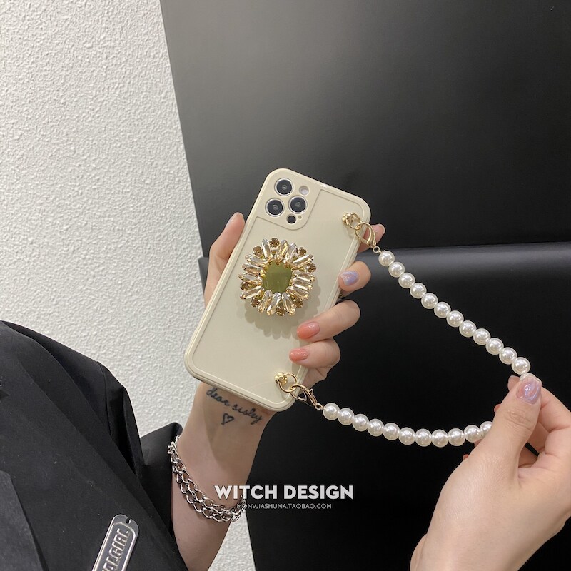 原创水钻支架链条适用苹果iphone12promax手机壳珍珠14保护壳8x韩气质闪闪手提防丢