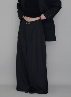 airroom新中式高级垂感慵懒黑色西装裤女宽松直筒拖地阔腿裤