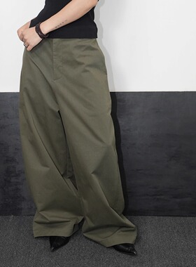 AIRROOM复古巴黎风休闲高腰显瘦质感早秋军绿色老钱廓系极简长裤