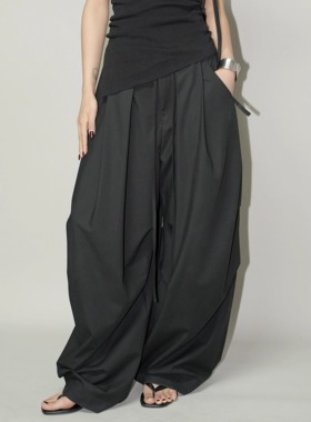 AIRROOM时髦调性抗皱阔腿压褶设计感廓形伞兵裤黑色收腰休闲长裤