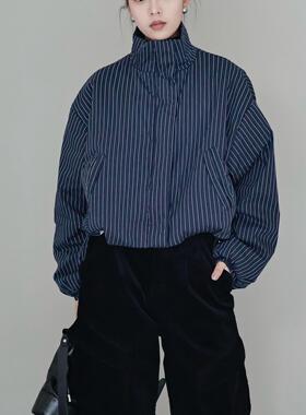 AIRROOM复古立领条纹口袋抽绳棉服短款时髦轻薄减龄外套2026春款