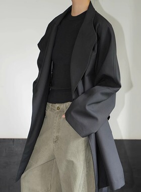 AIRROOM超帅都市英伦风黑色风衣女秋极简小众设计感大衣廓形外套