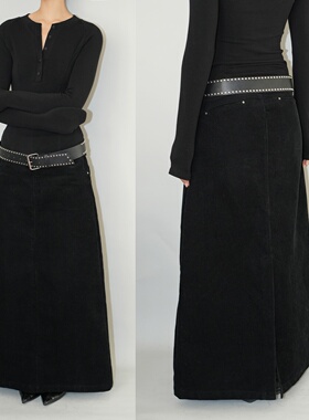 AIRROOM暗黑复古灯芯绒通勤极简开叉半身裙长款百搭设计感直筒裙