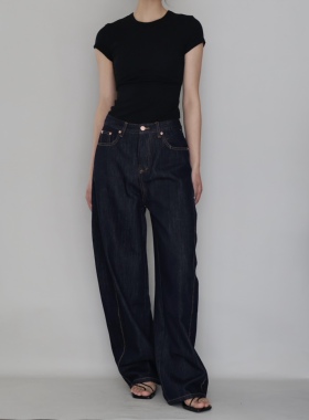 AIRROOM店主力荐小众深蓝廓形显瘦分割设计香蕉裤复古通勤牛仔裤