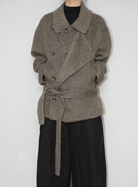 AIRROOM多穿领复古系带双层门襟廓形防风腰带短款呢大衣外套