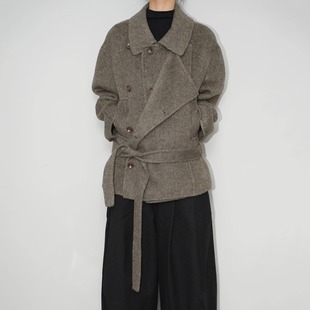 AIRROOM多穿领复古系带双层门襟廓形防风腰带短款呢大衣外套