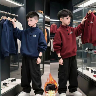 男女童加绒卫衣秋冬季中大儿童半高领一体绒打底衫男孩保暖上衣潮