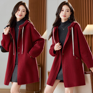 现货流行色安哥拉红双面羊绒呢大衣女新款时髦连帽羊毛呢外套