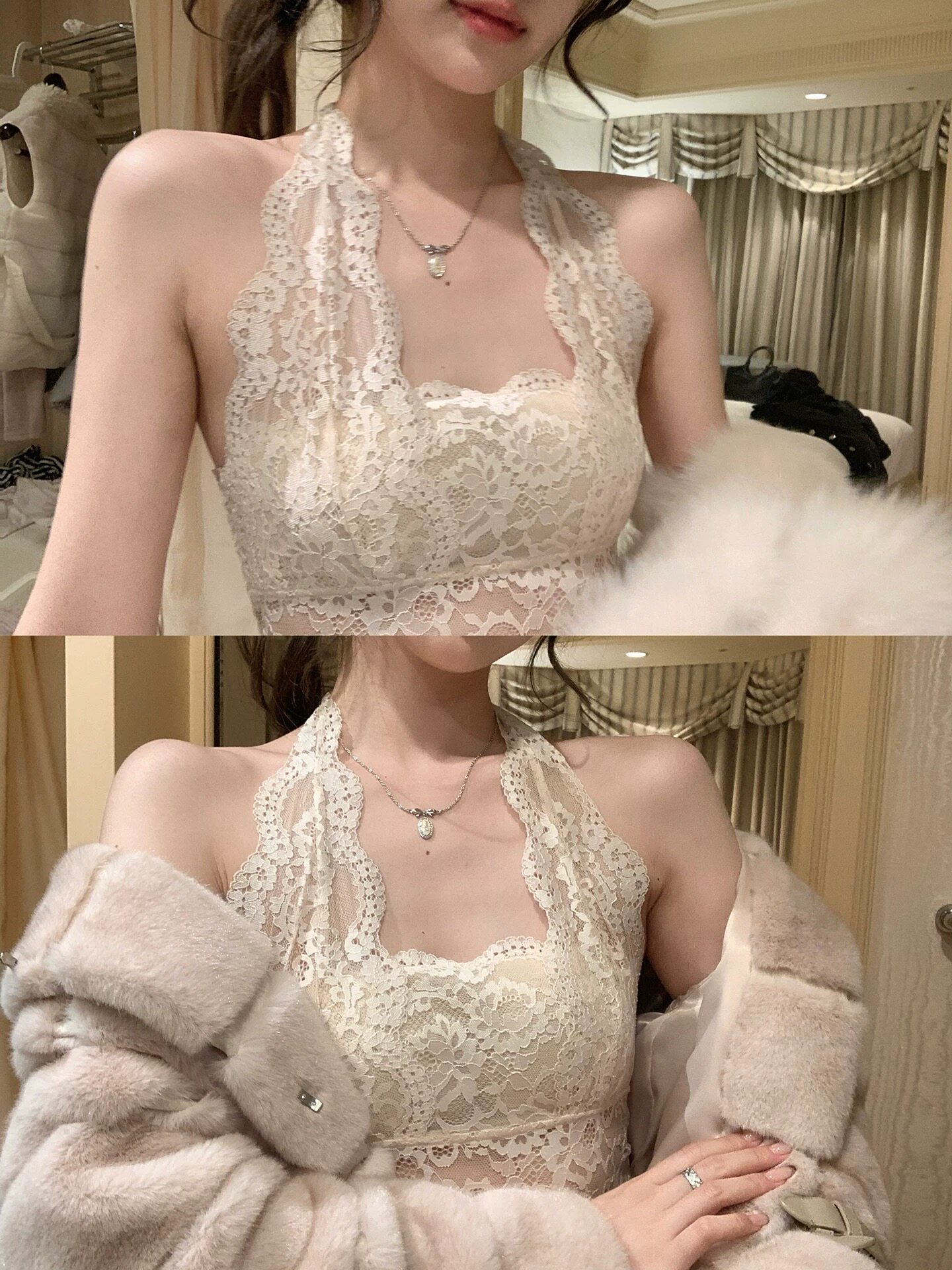 蕾丝拼接杏色露背挂脖吊带背心女春季带胸垫内搭纯欲性感打底上衣