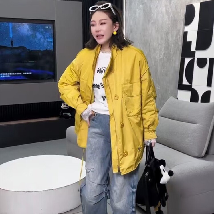 二棉欧货双口袋系带工装休闲派克大版外套女秋冬薄棉新款慵懒风