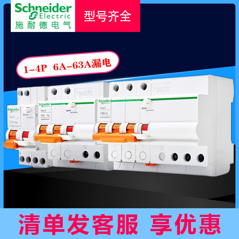 施耐德漏电保护器开关e9空气开关带漏电1p+n2p总闸家用63A高灵敏