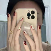 纯手工穿戴甲高质量轻奢显白美甲线条反法式 红色秋冬热销百搭美甲