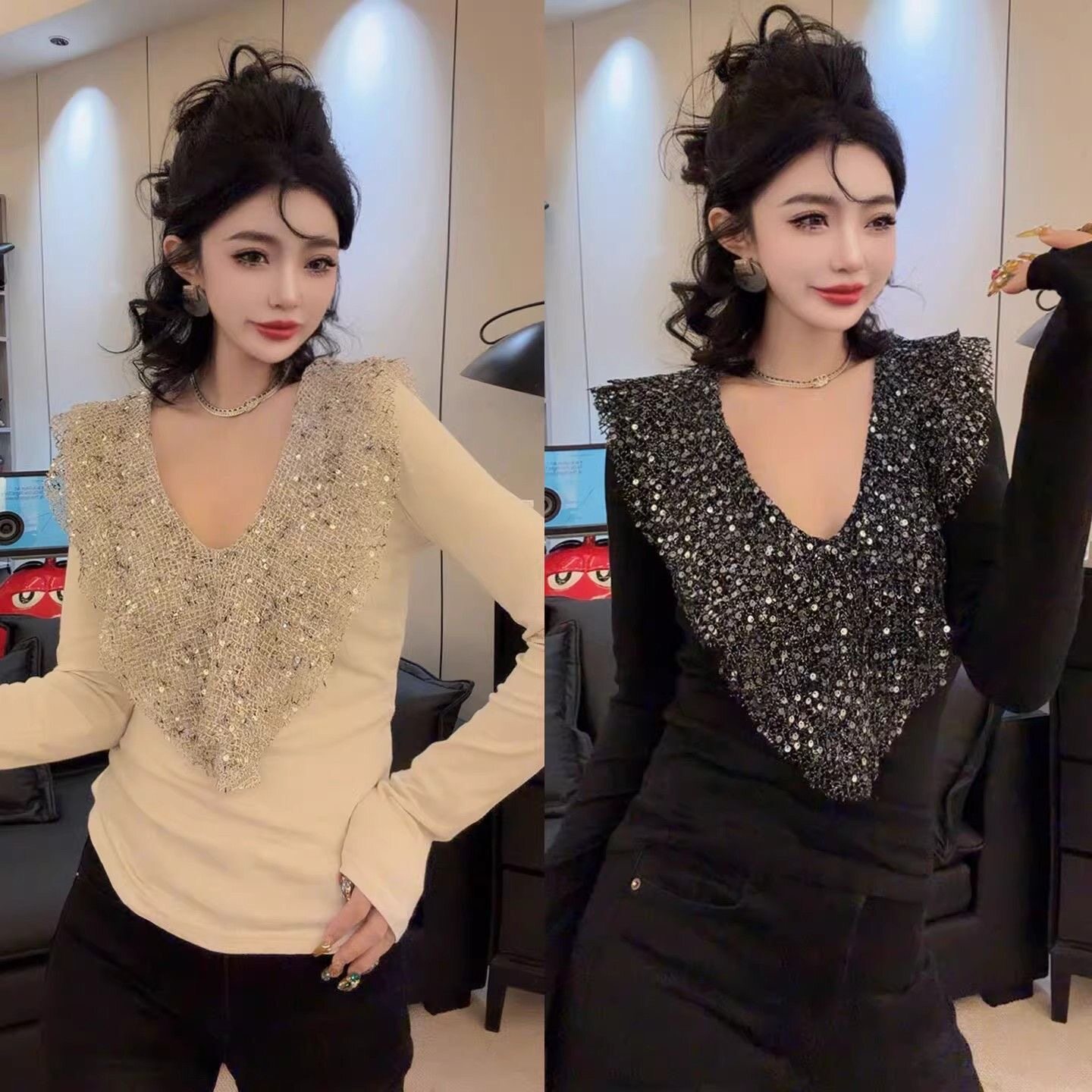 欧货重工V领修身T恤女