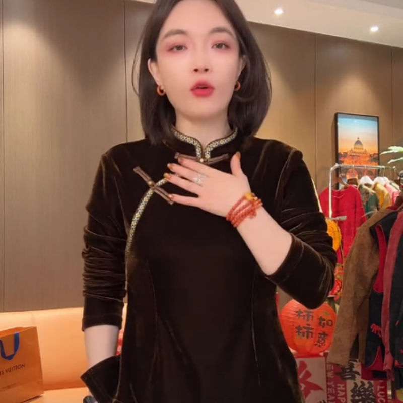 秋冬金丝绒立领改良旗袍长袖衬衫