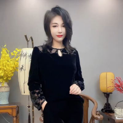 春季丝绒烧花显瘦长袖上衣