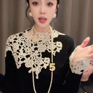 法式高级感撞色钩花蕾丝拼接收腰长袖t恤女2026春季新款气质上衣
