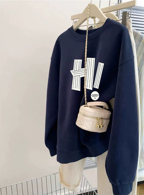 加绒卫衣外套韩版圆领卫衣女宽松休闲字母印花长袖上衣洋气藏蓝色