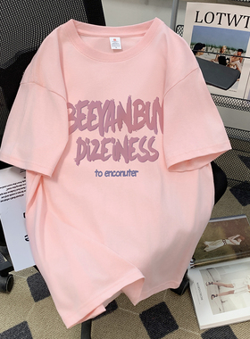 粉红色短袖T恤女潮ins夏韩版宽松显瘦设计感小众oversize上衣纯棉