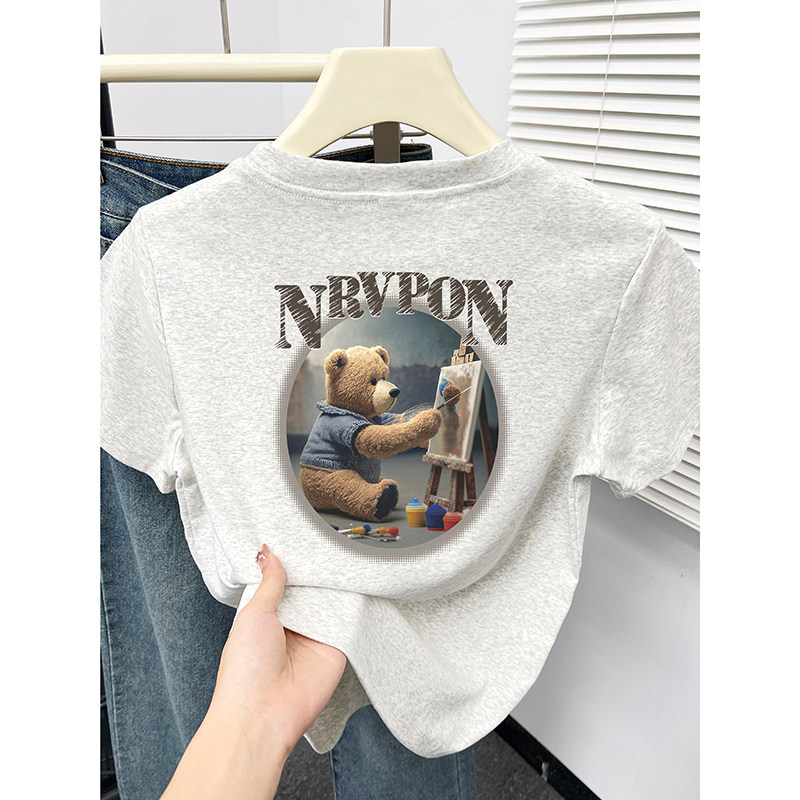 花灰色ins设计感百搭小众卡通印花长款t恤女韩版正肩甜酷辣妹上衣